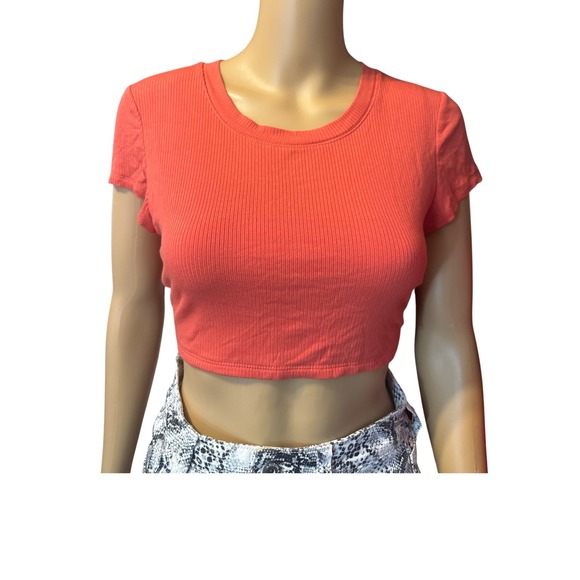 Offline Tops - Coral Ribbed Cropped Tie Back Short Sleeve Top